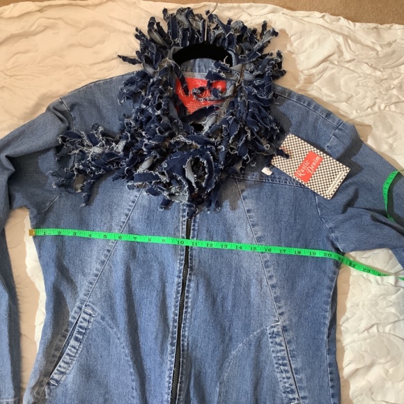 NWT Upcycled denim jean jacket with jean fringe Rustic denim western funky - Picture 8 of 12